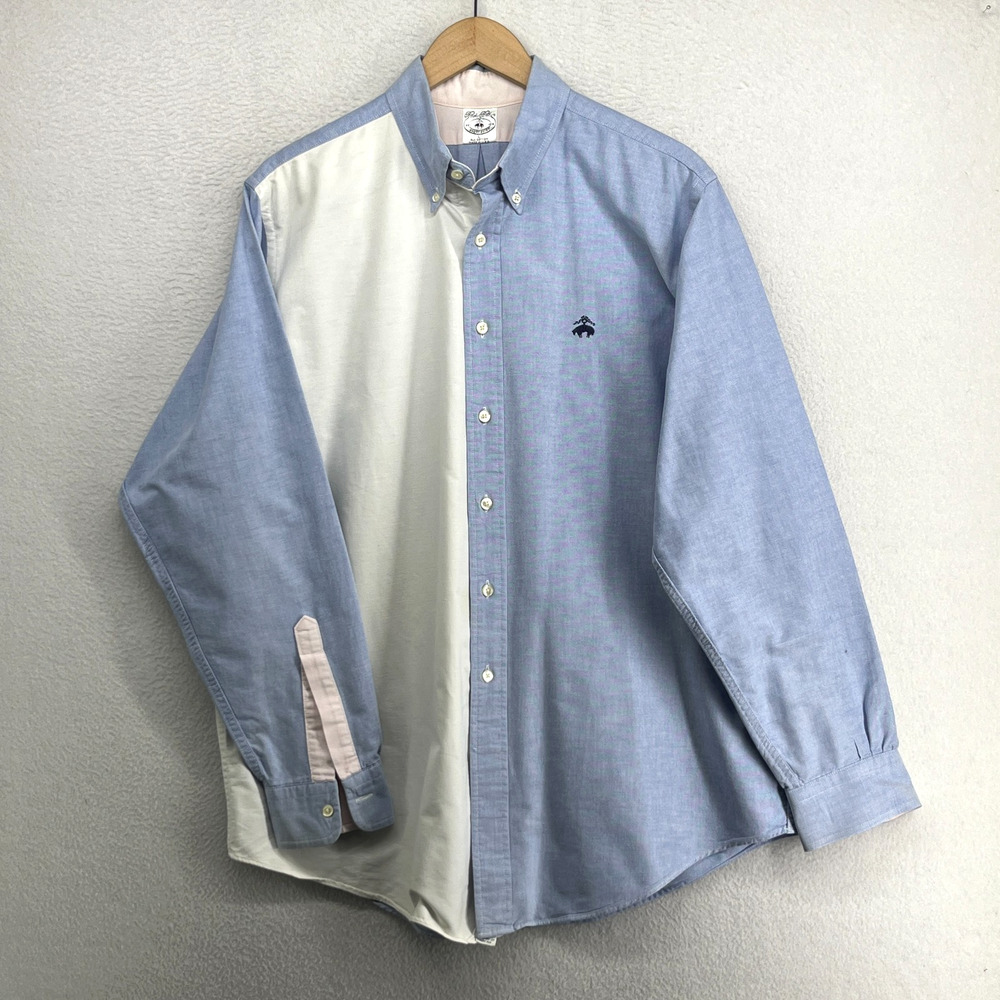 BROOKS BROTHERS Shirt L 80s FUN CRAZY Sport Oxford Colorblock Cotton Blue USA